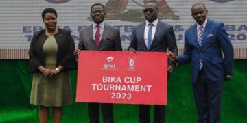 Owek. Charles Peter Mayiga (2nd R), The Katikkiro of Buganda, Ali Balunywa (2nd L) the Sales Director at Airtel Uganda, Henry Sekabembe kiberu (L) Minister in Charge of Youth, Leisure, and Sports and Remmie Kisakye (R) Chief Executive Officer, Majestic Brands Limited during the launch of the 2023 BIKA Games which are aimed at boosting talent among the youth in Buganda Kingdom and beyond. This was at Bulange in Mengo today, 9th May 2023.